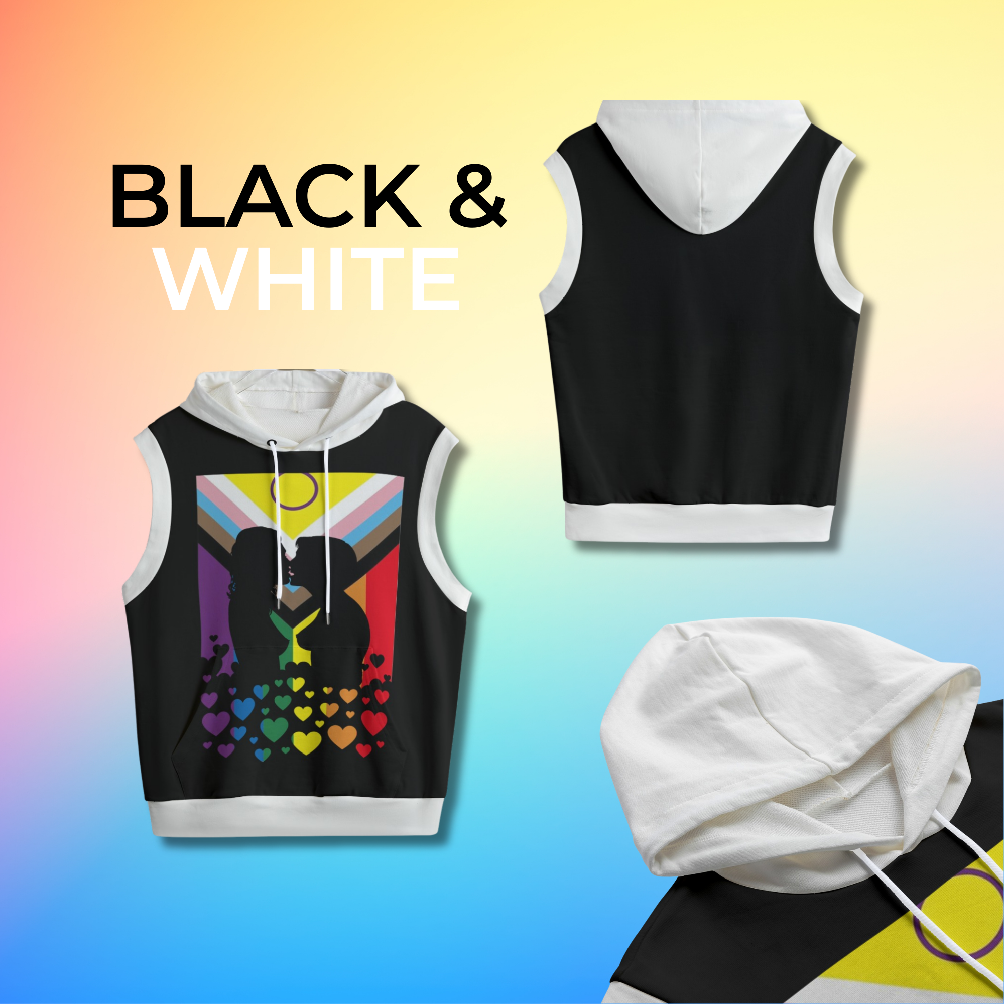 Lesbian Kiss, LGBTQIA+ Pride Progress Flag Sleeveless Hoodie