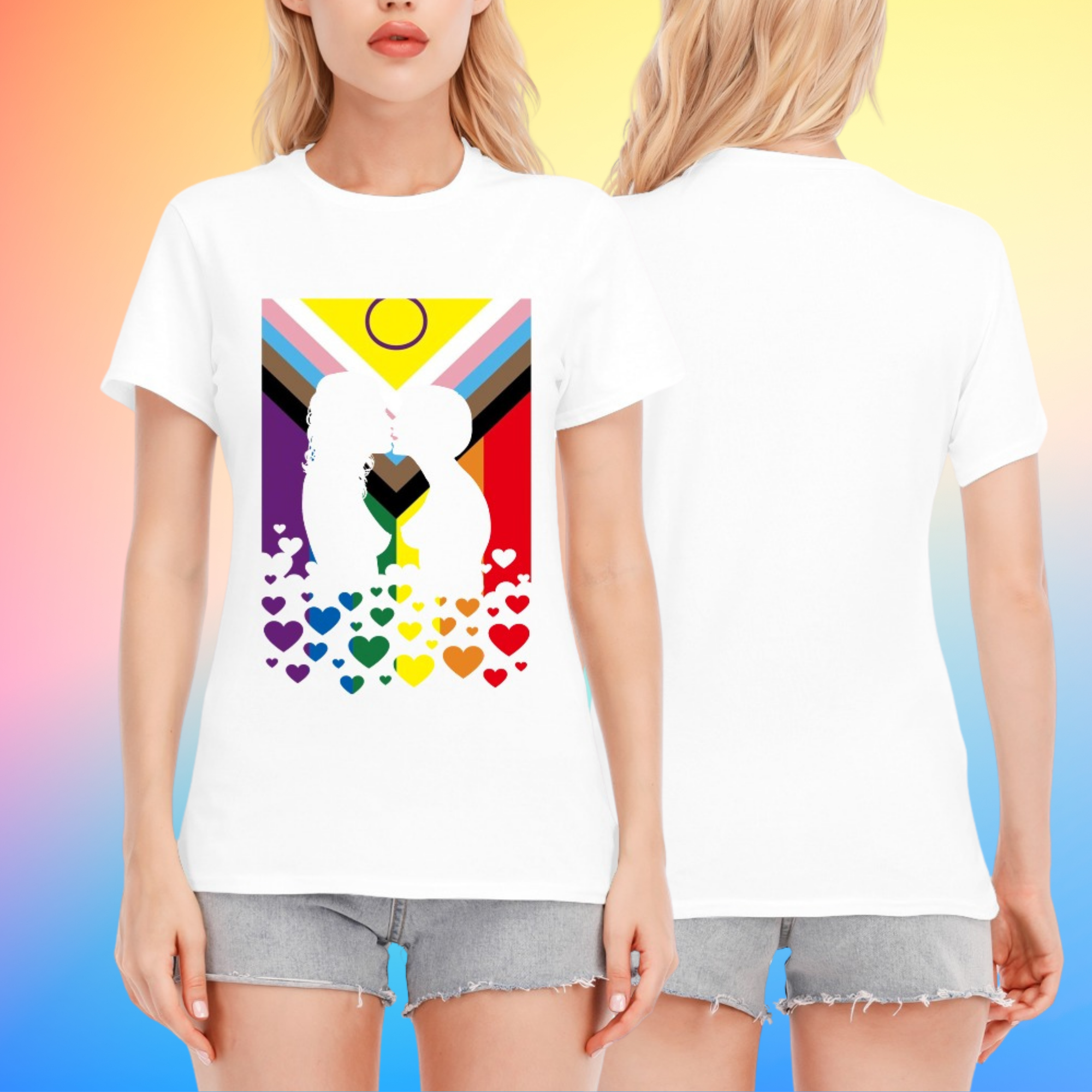 Lesbian Kiss Rainbow or Progress Flag Tee