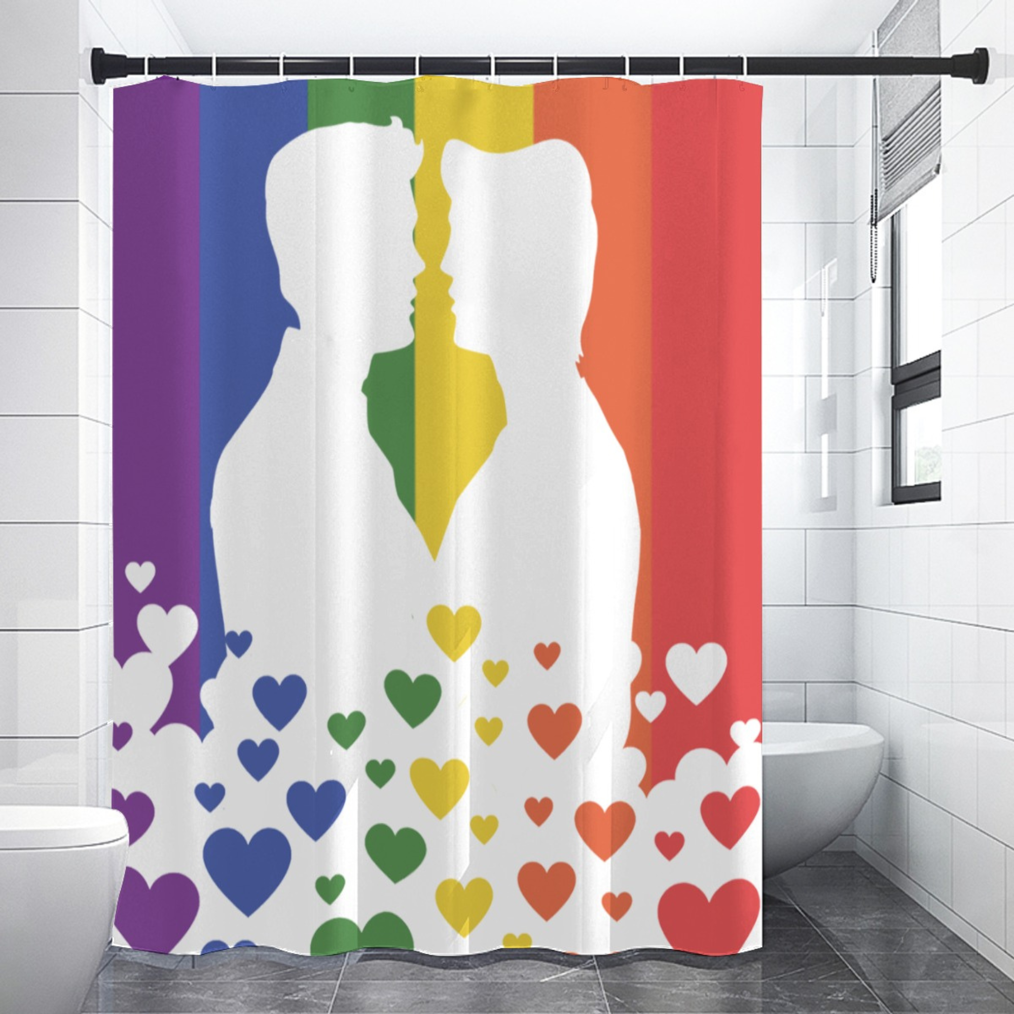 Pride flag, gay couple kissing shower curtain