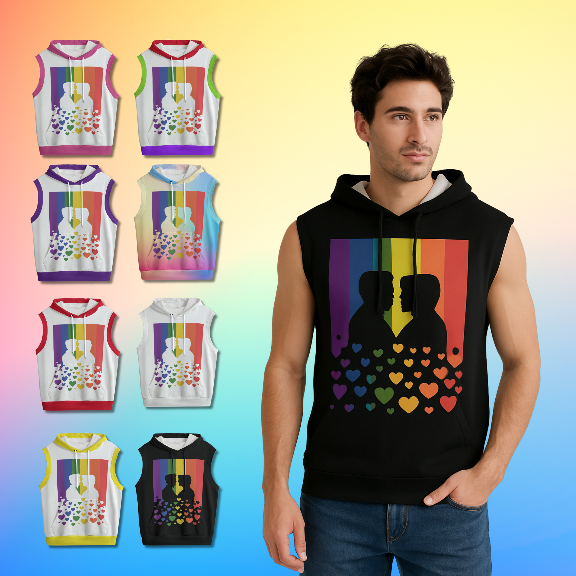 Gay Kiss, Pride Flag Sleeveless Hoodie