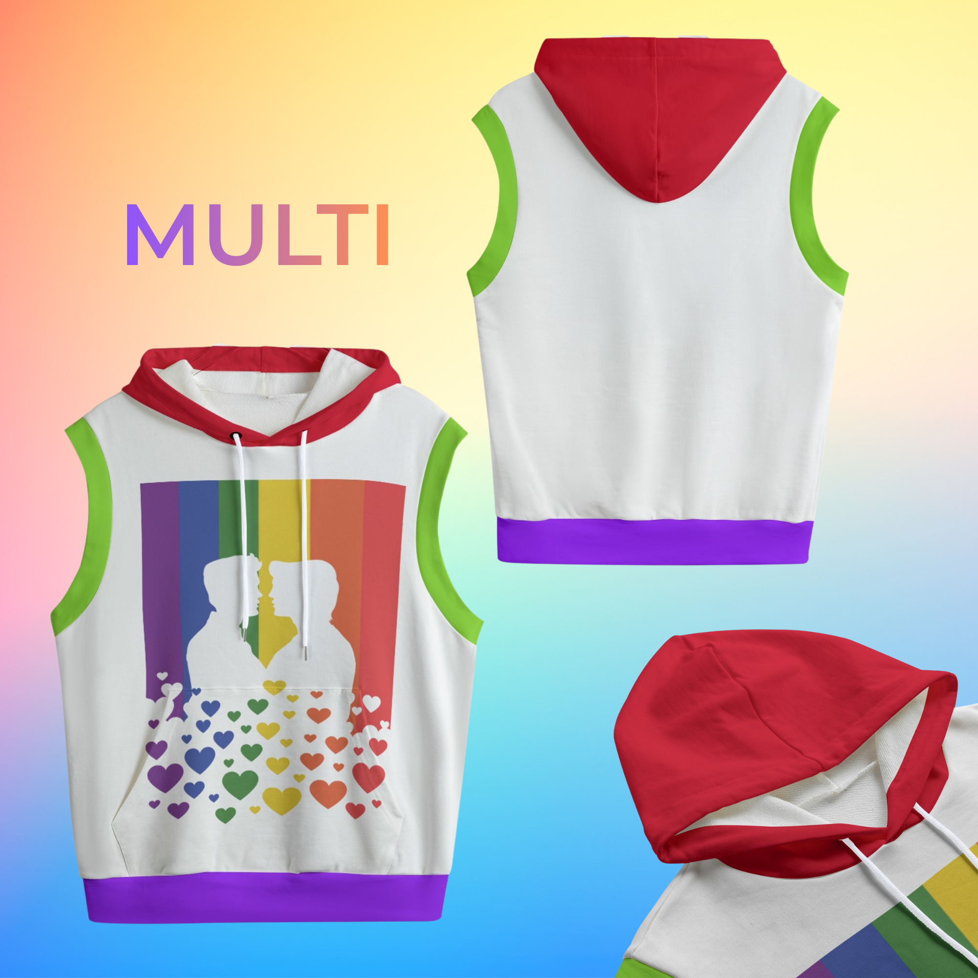 Gay Kiss, Pride Flag Sleeveless Hoodie