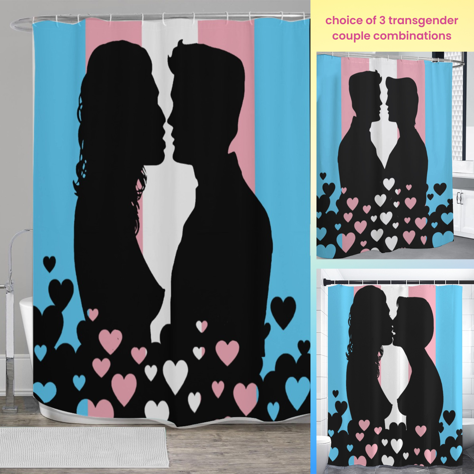 Transgender Pride flag with couple kissing shower curtain