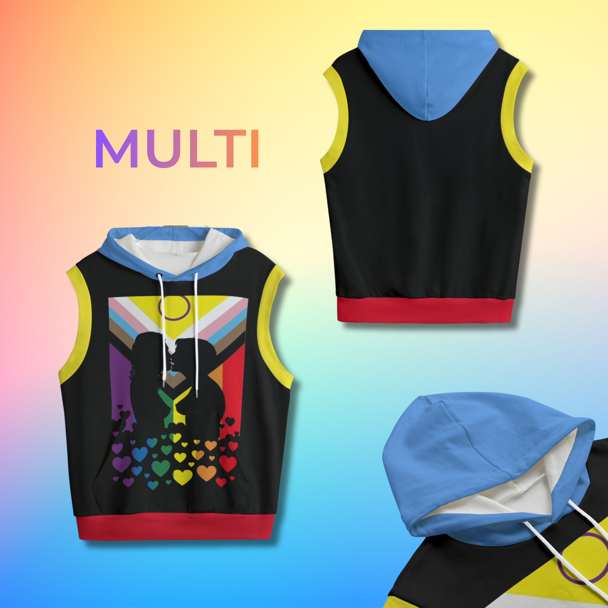 Lesbian Kiss, LGBTQIA+ Pride Progress Flag Sleeveless Hoodie