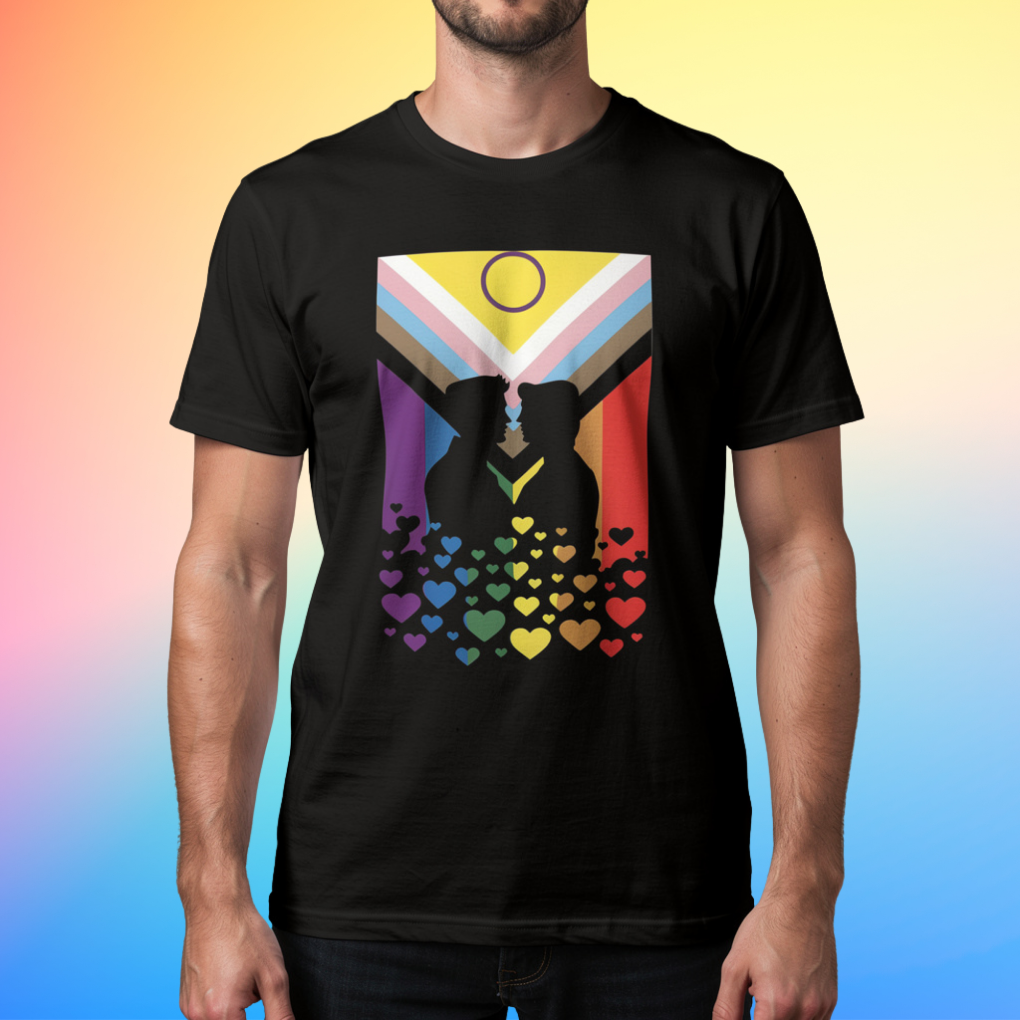 LGBTQIA+ Progress Pride Flag T-Shirt with Gay Couple Kissing