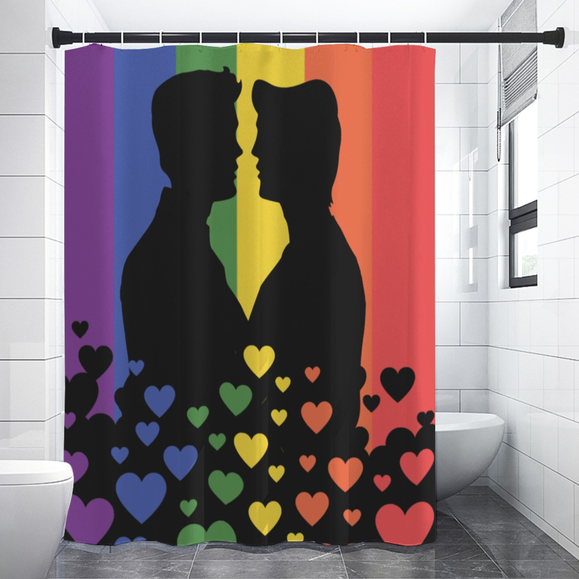 Pride flag, gay couple kissing shower curtain