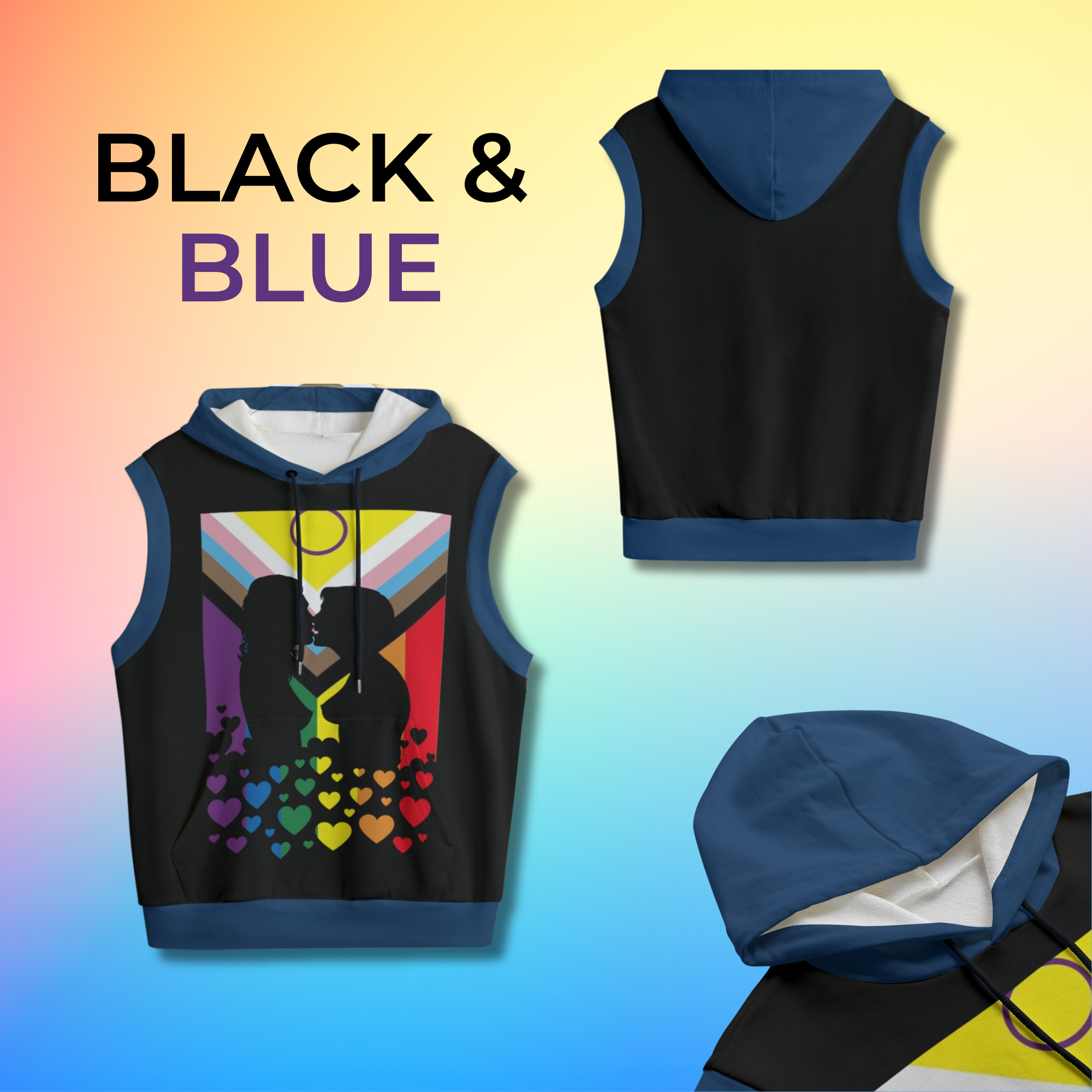 Lesbian Kiss, LGBTQIA+ Pride Progress Flag Sleeveless Hoodie