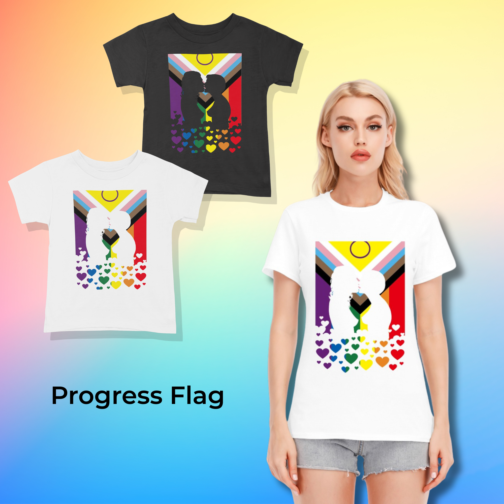 Lesbian Kiss Rainbow or Progress Flag Tee