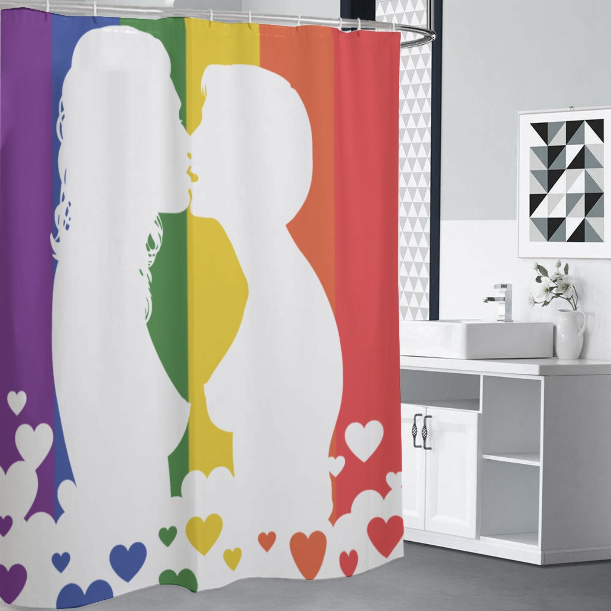 Pride flag, lesbian couple kissing shower curtain