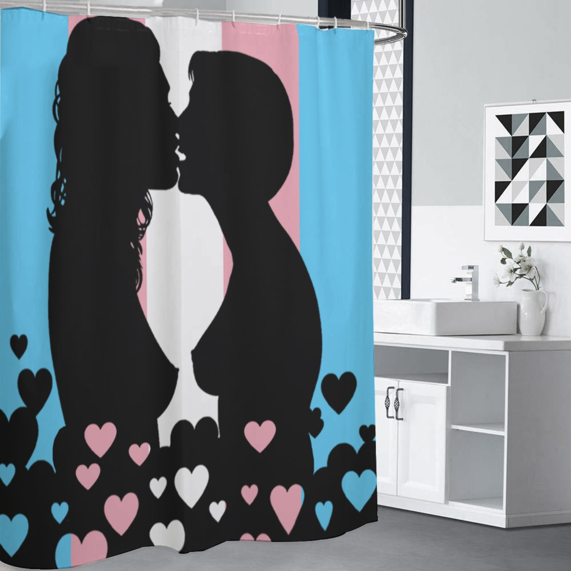 Transgender Pride flag with couple kissing shower curtain