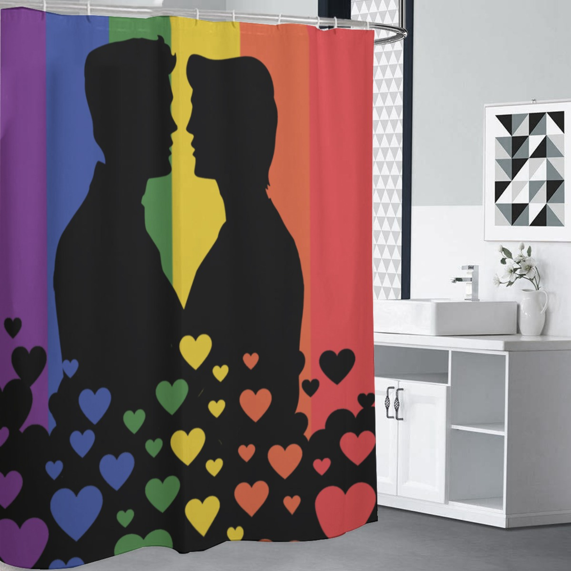 Pride flag, gay couple kissing shower curtain