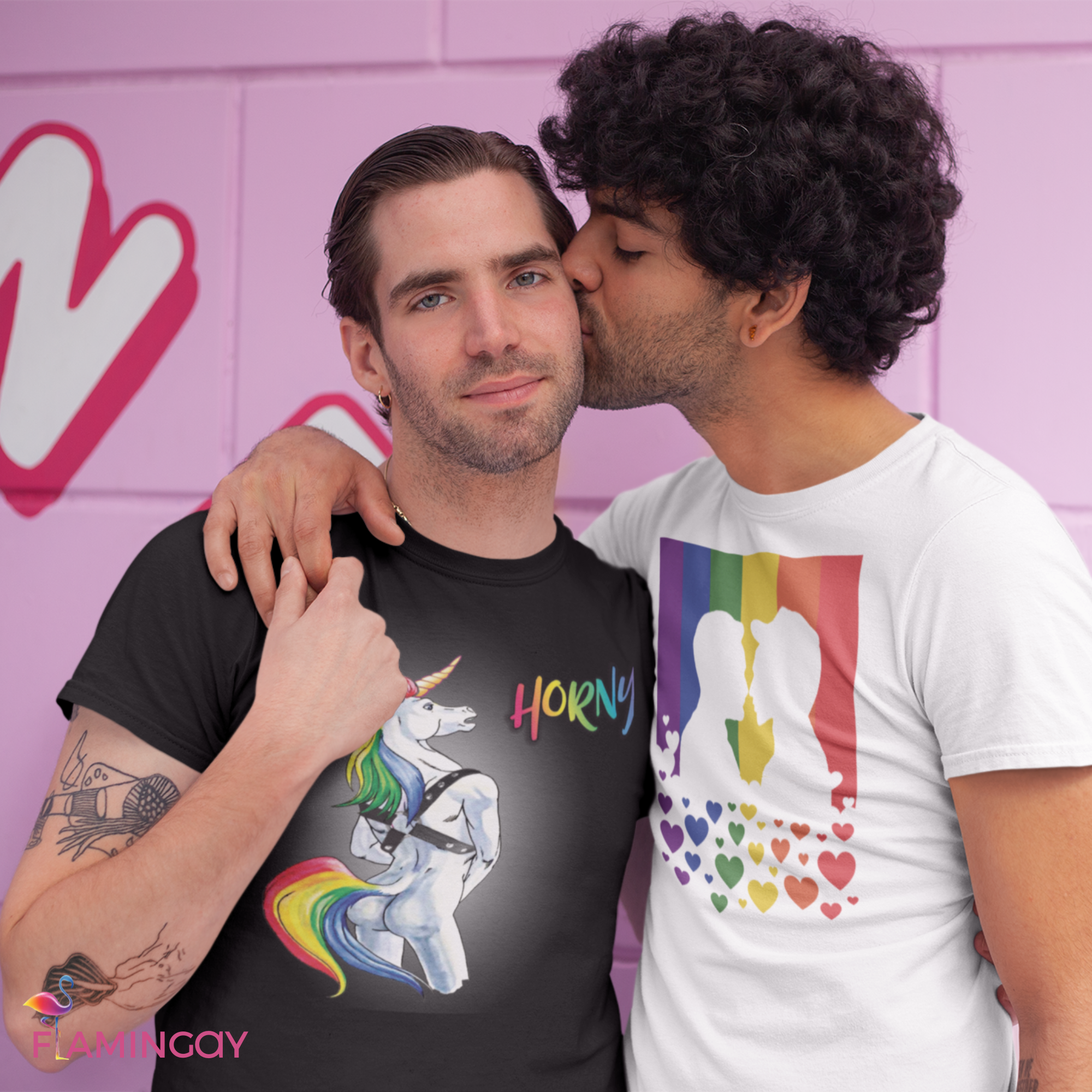 Rainbow Pride Flag T-Shirt with Gay Couple Kissing