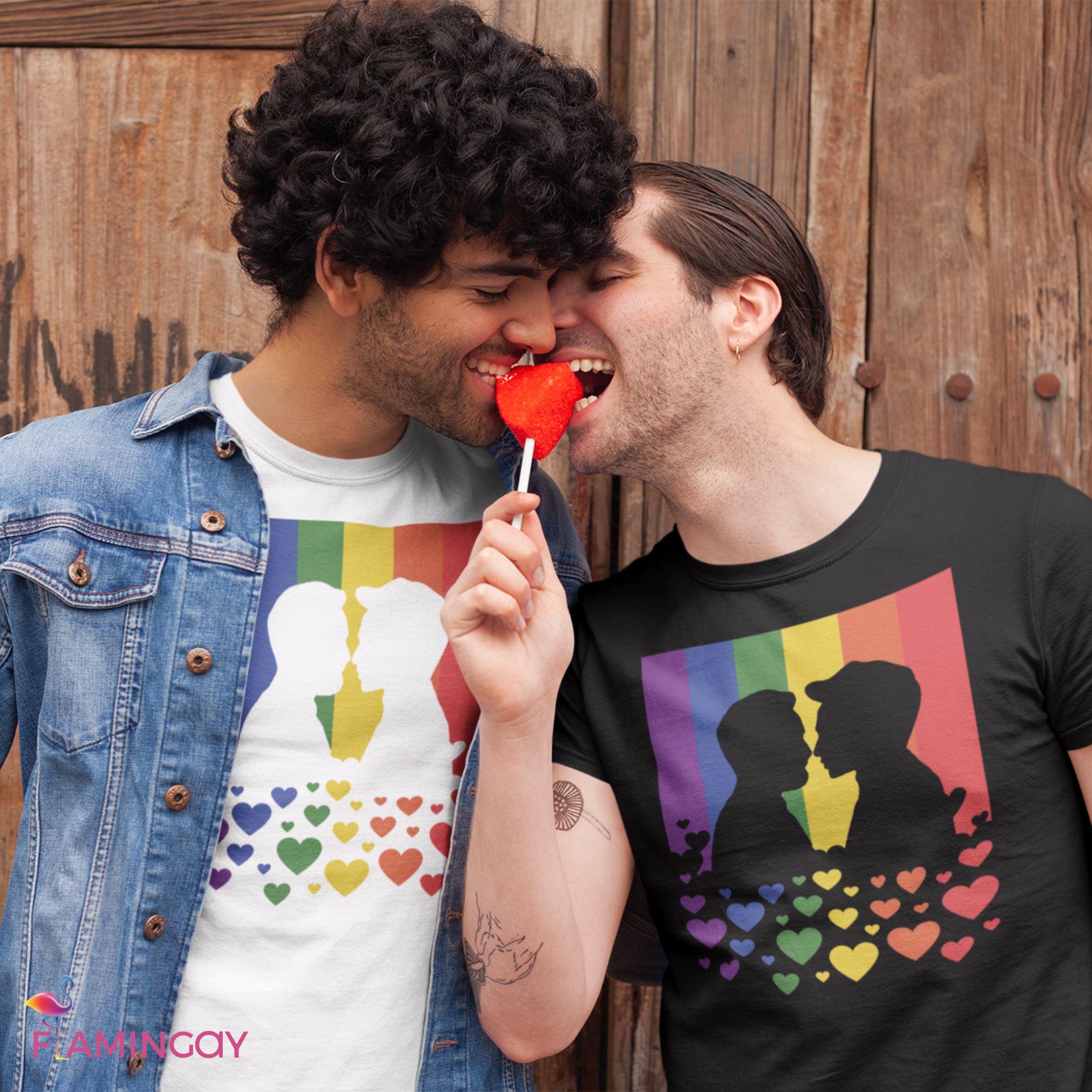 Rainbow Pride Flag T-Shirt with Gay Couple Kissing