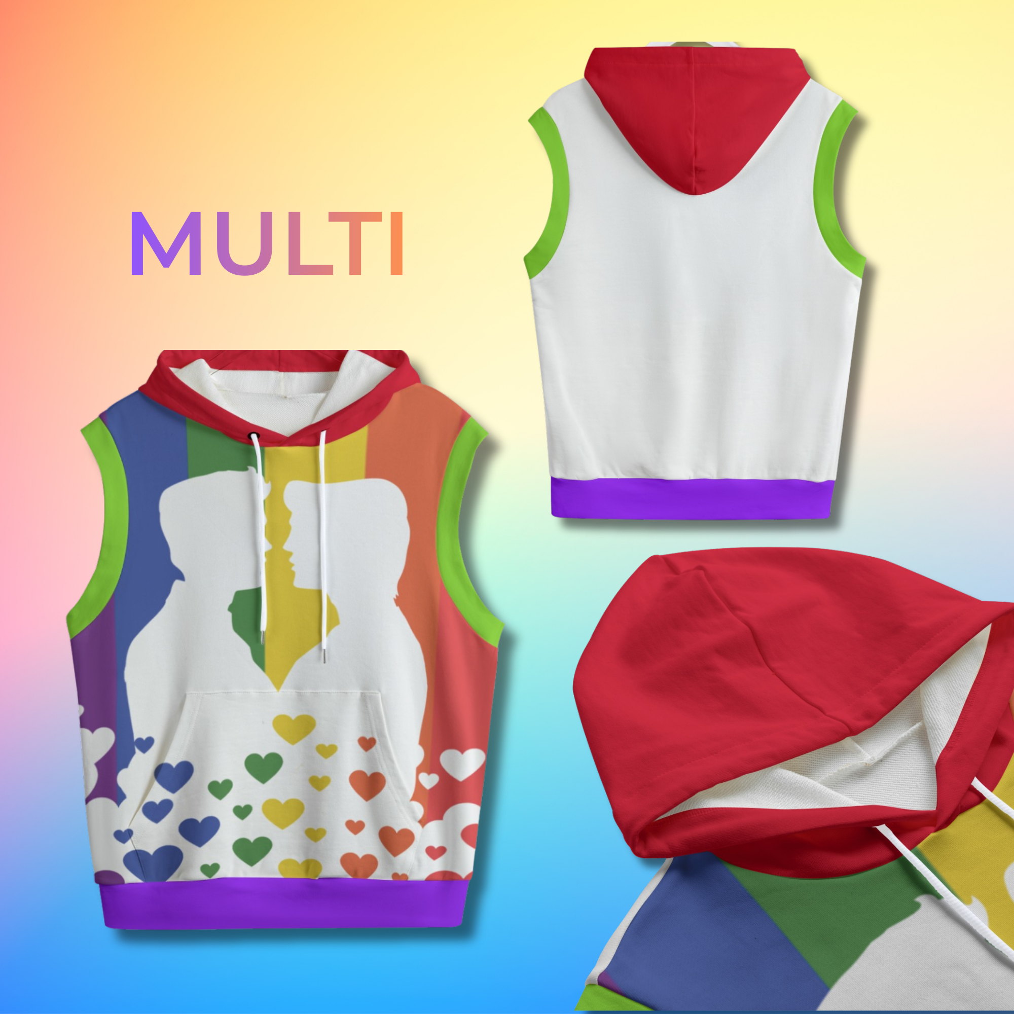 Gay Kiss, LGBTQIA+ Pride Flag Sleeveless Hoodie