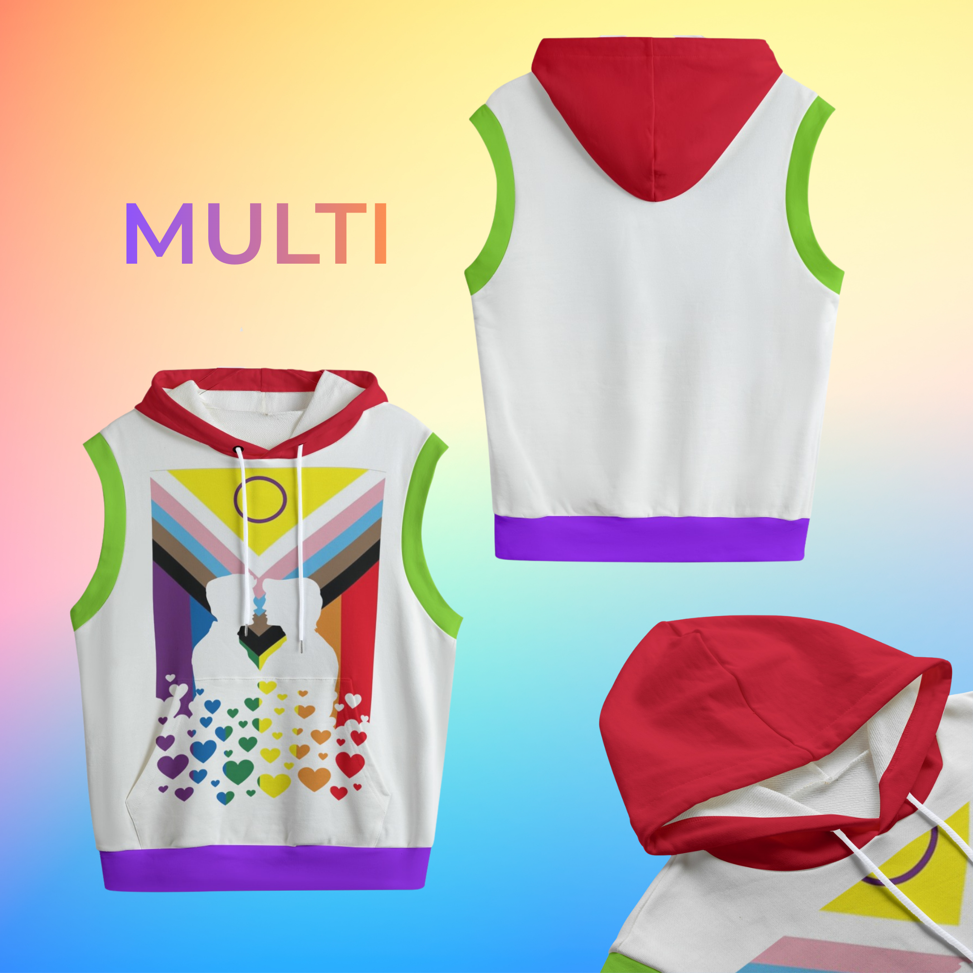 Gay Kiss, Pride Progress Flag Sleeveless Hoodie