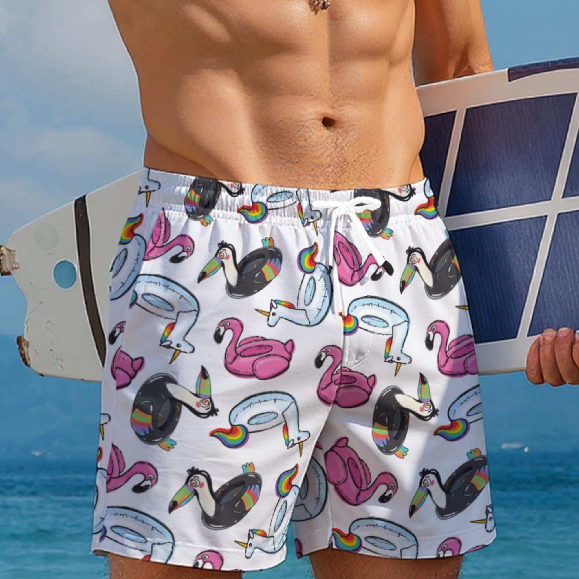 Unicorn, Flamingo, Tucan Pool Floaties Swim Shorts