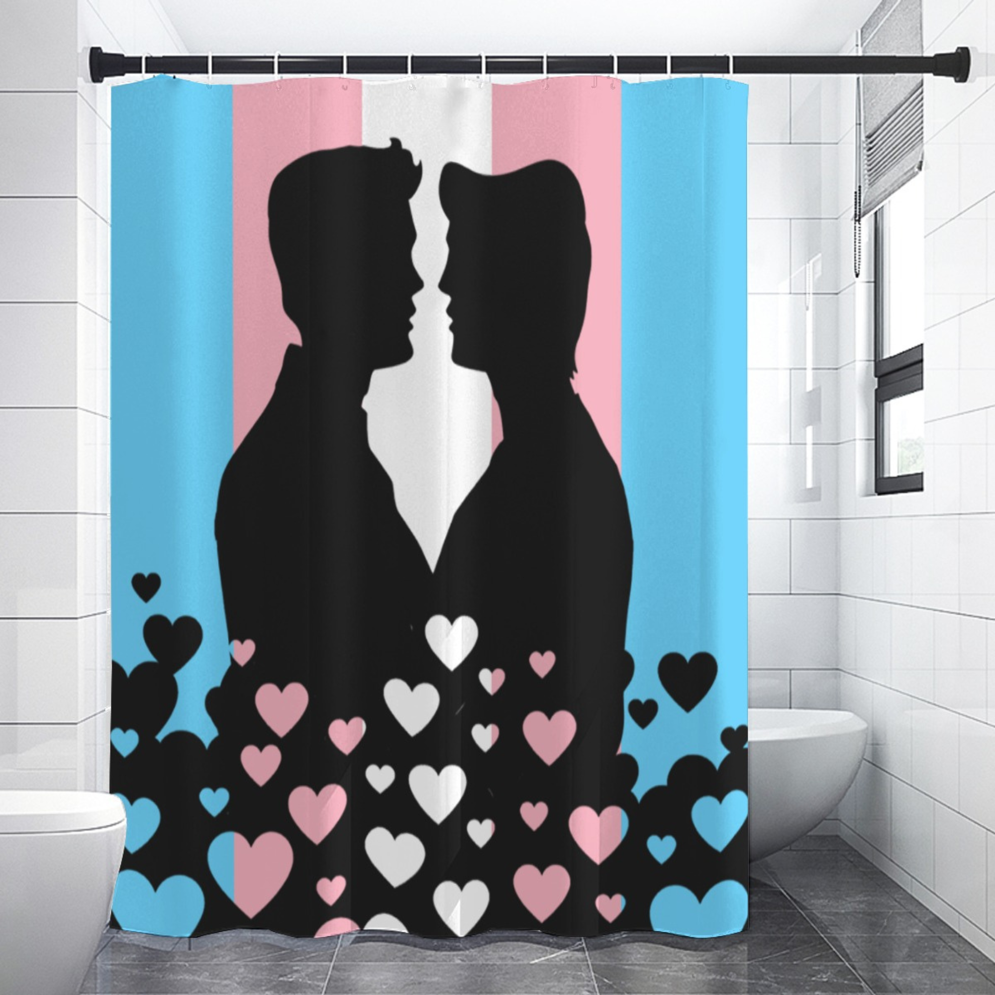 Transgender Pride flag with couple kissing shower curtain