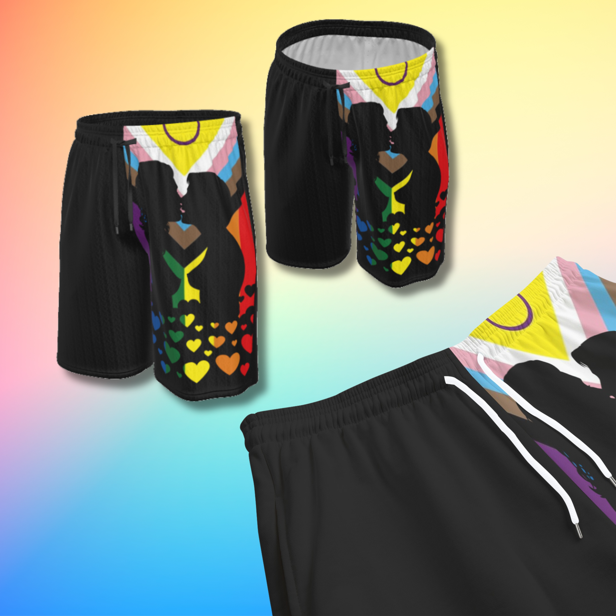 LGBTQIA+ Progress Pride Flag Women's Shorts with lesbian couple kissing silhouette