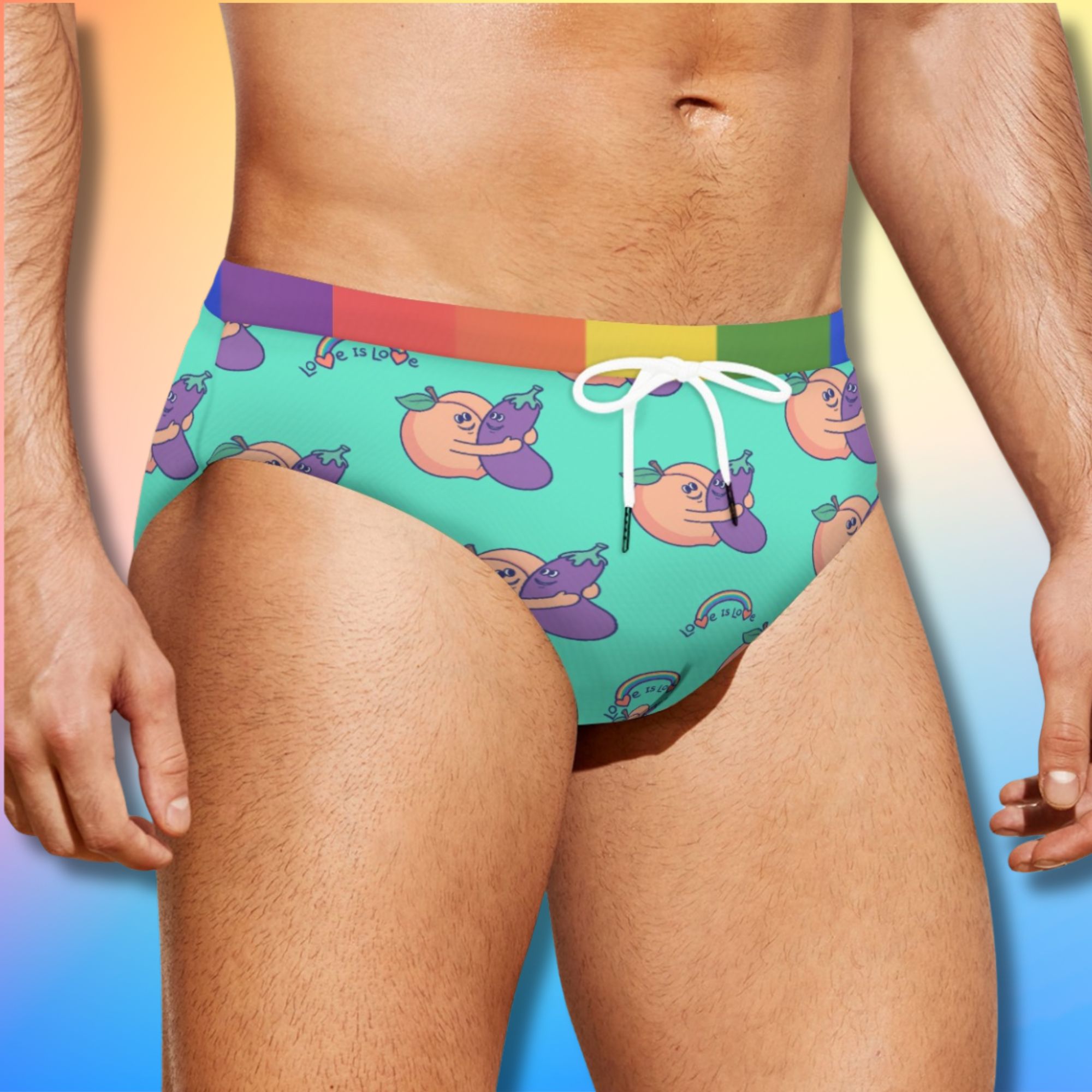 Love Is Love peach and eggplant speedo