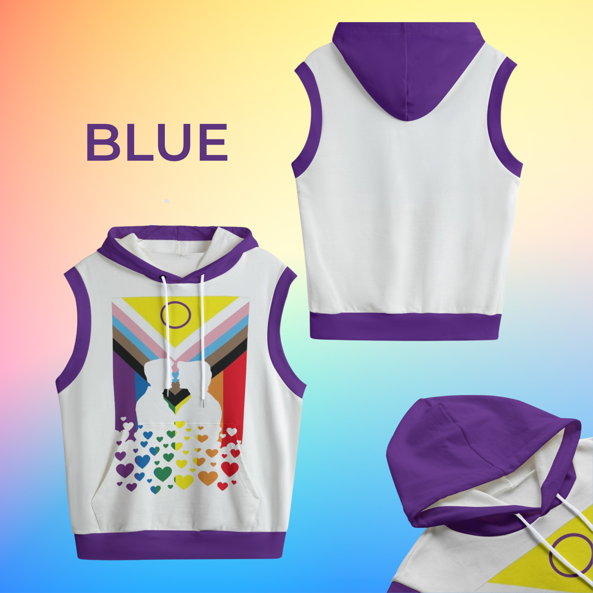 Gay Kiss, Pride Progress Flag Sleeveless Hoodie