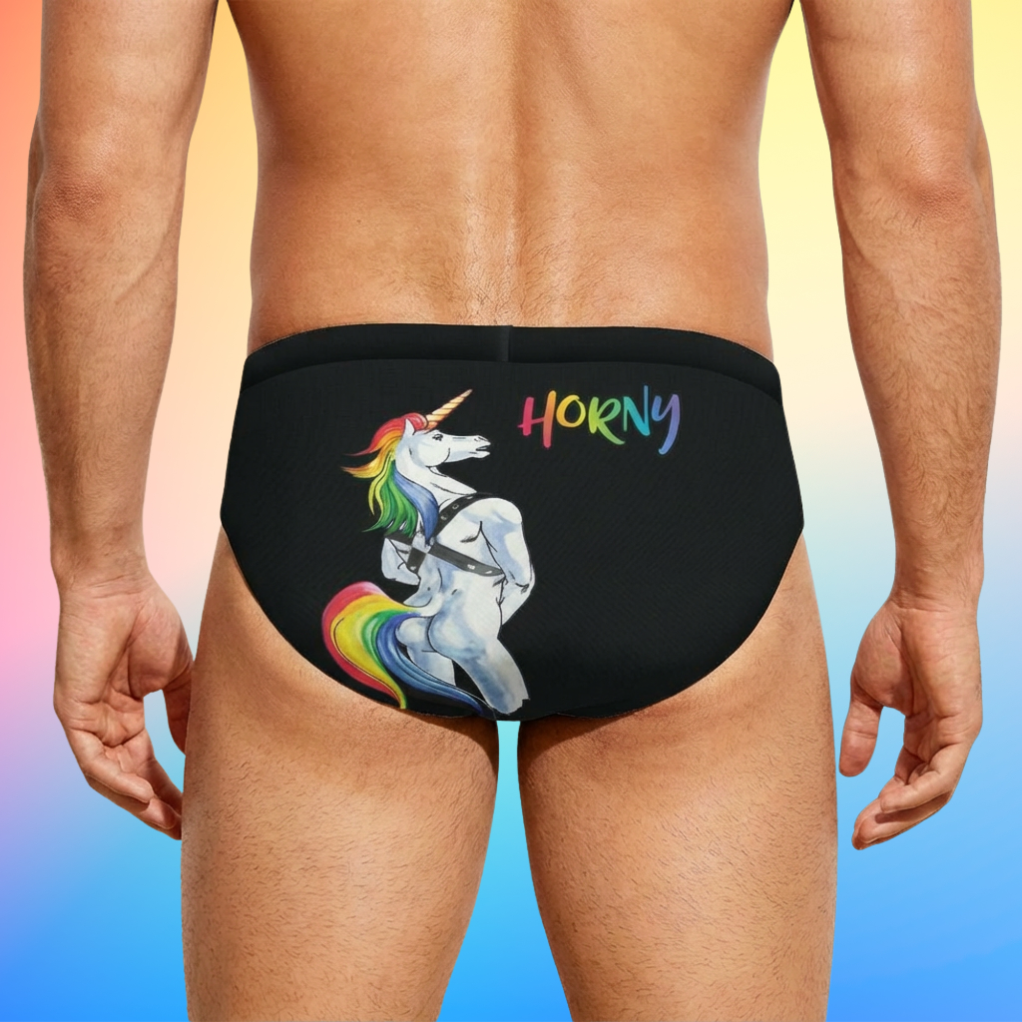 Horny Unicorn Swim Briefs – Funny LGBTQIA+ Swimwear