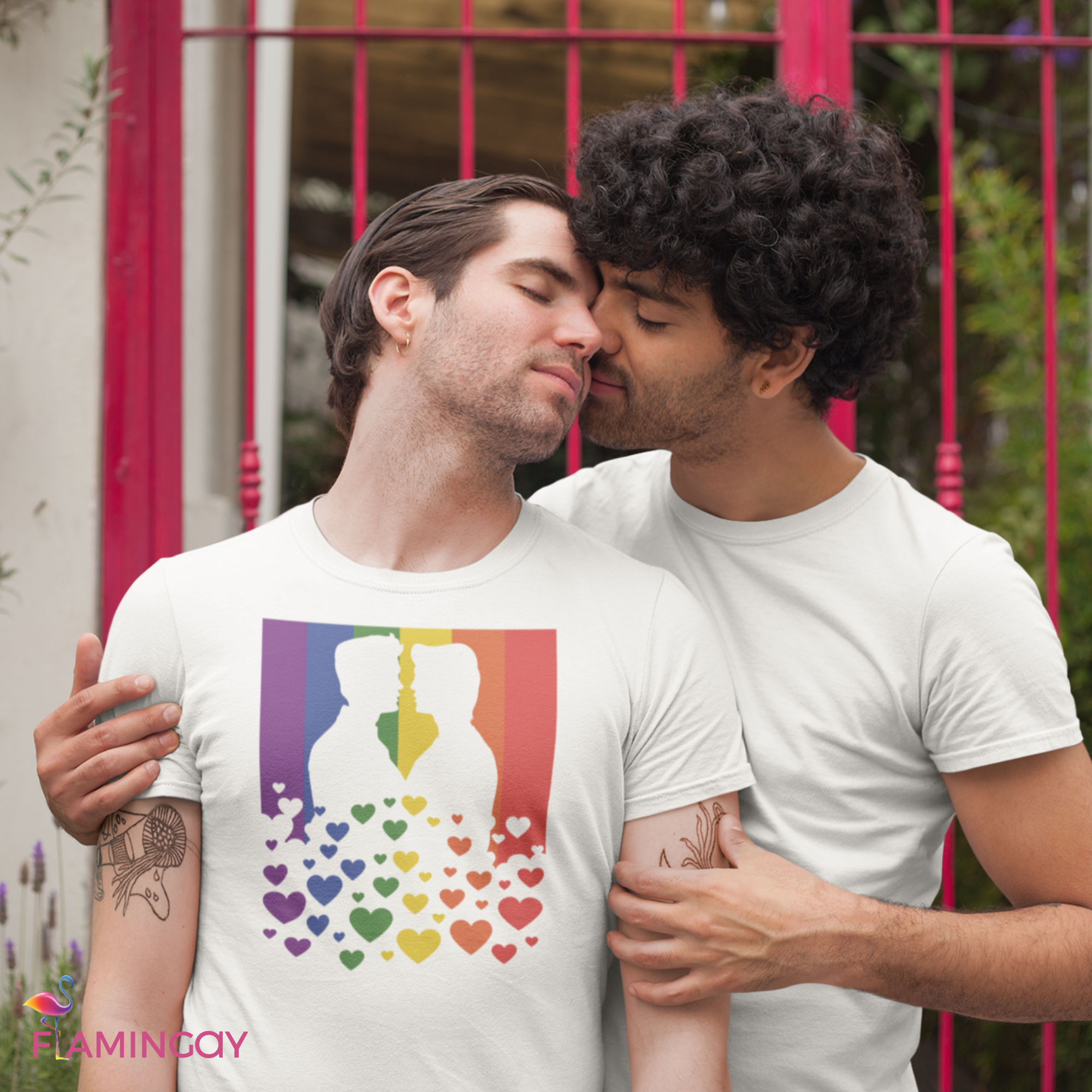 Rainbow Pride Flag T-Shirt with Gay Couple Kissing