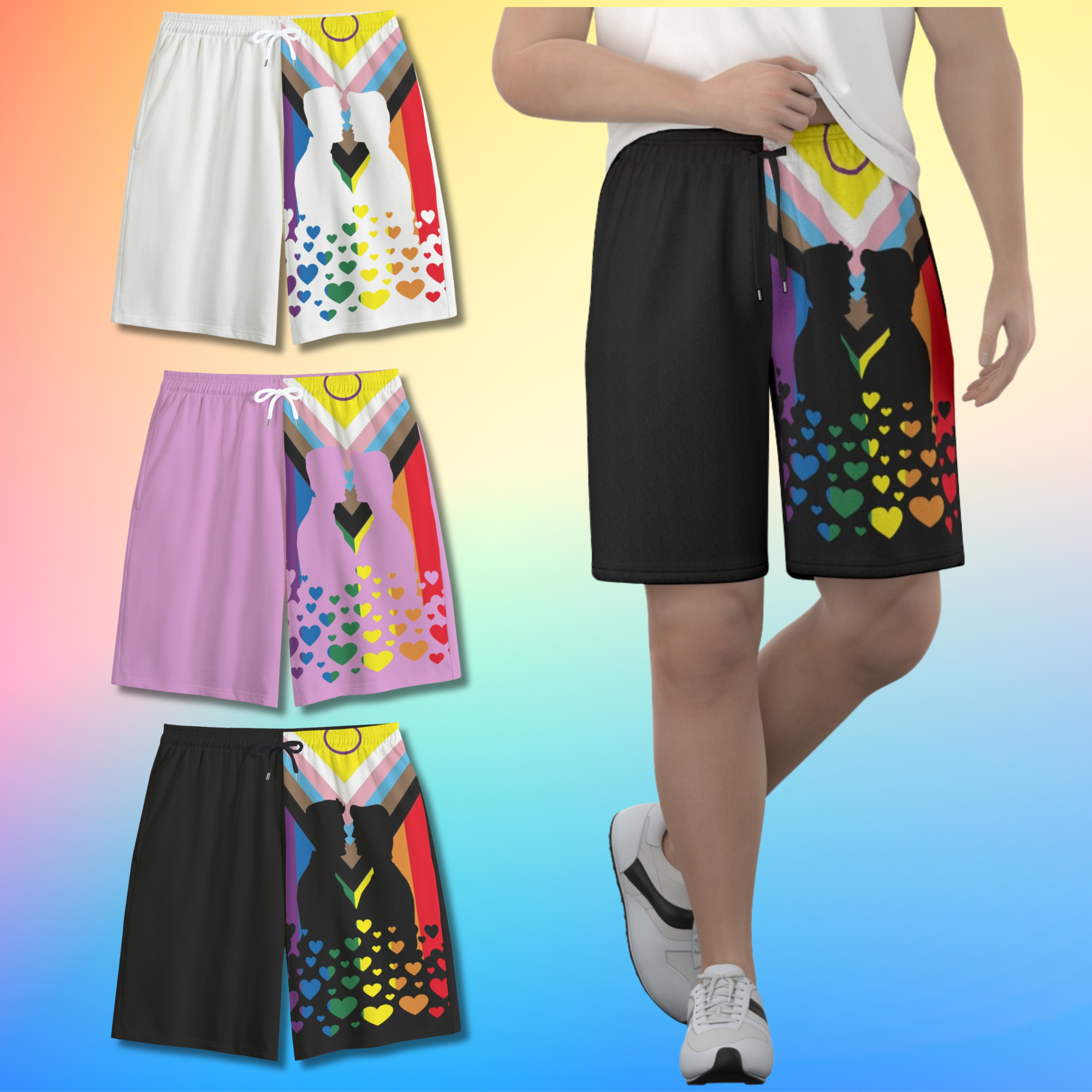 LGBTQIA+ Progress Pride Flag Men’s Shorts with gay couple kissing silhouette