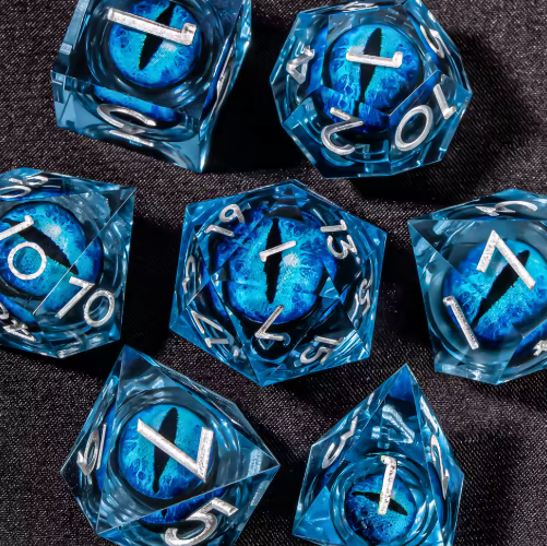 Set de dés JDR noyau liquide Bleu Glace & Œil de Dragon