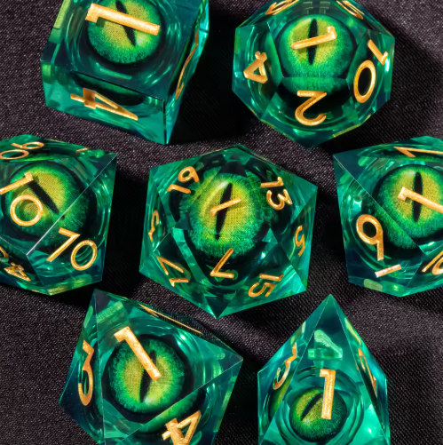 Set de dés JDR noyau liquide Vert Jade & Œil de Dragon