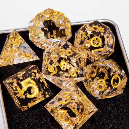 Set de dés JDR résine Feuille d’Or & Résine Cristal