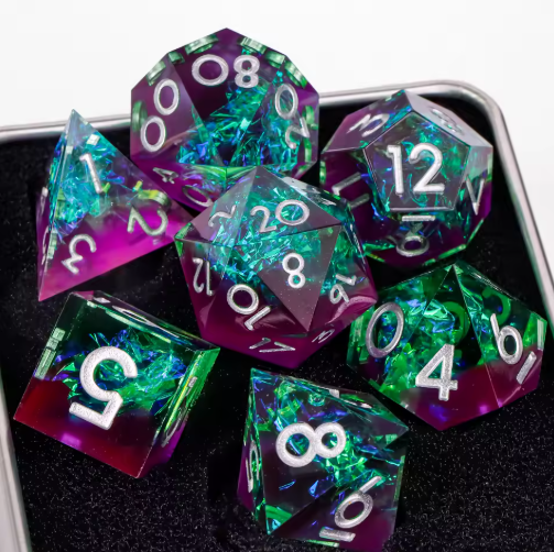 Set de dés JDR résine Violet Émeraude Rose & Fibres Holo Arc-en-Ciel