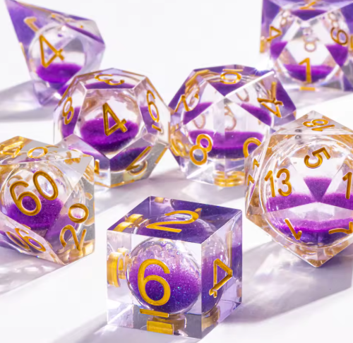 Set de dés JDR noyau liquide Violet Galaxy & Sable Fin