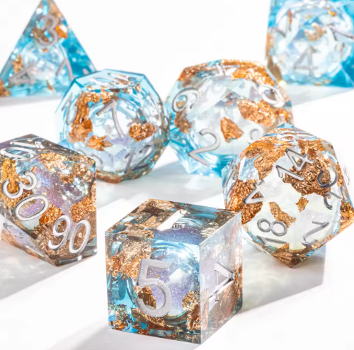 Set de dés JDR noyau liquide Voie lactée & Paillettes Dorées