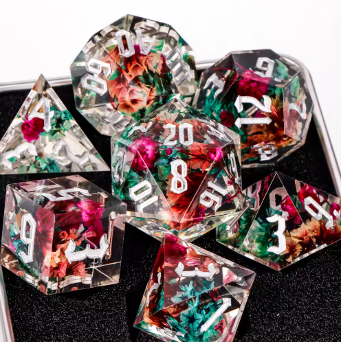 Set de dés JDR résine Fleurs Séchées & Paillettes