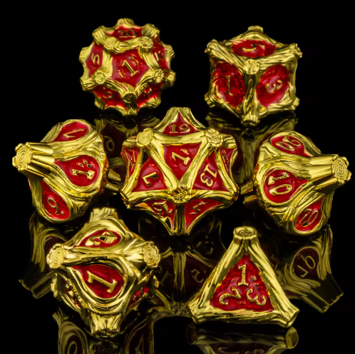 Set de dés JDR Métal Or Travaillé & Lave Brûlante