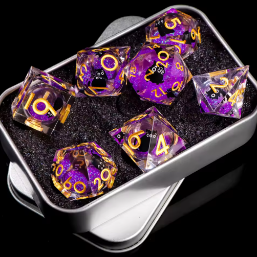 Set de dés JDR noyau liquide Violet & Chat Noir