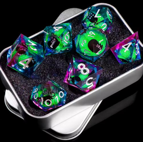 Set de dés JDR noyau liquide Résine Holo Multicolore Iridescente & Chats Noirs