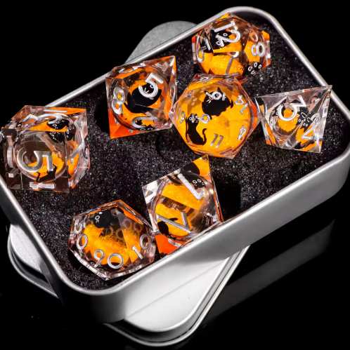Set de dés JDR noyau liquide Orange Citrouille & Chat Noir