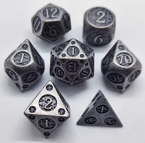 Set de dés JDR Métal Acier Ancien & Rouages Noirs