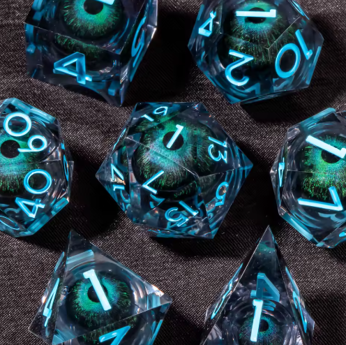 Set de dés JDR noyau liquide Bleu Cyan & Œil de Monstre Marin