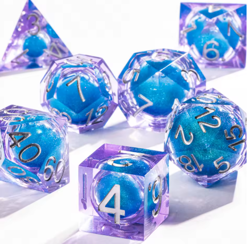 Set de dés JDR noyau liquide Violet-Bleu Turquoise & Paillettes Irisées