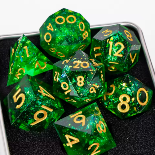 Set de dés JDR résine Paillettes Vert Néon & Chiffres Or