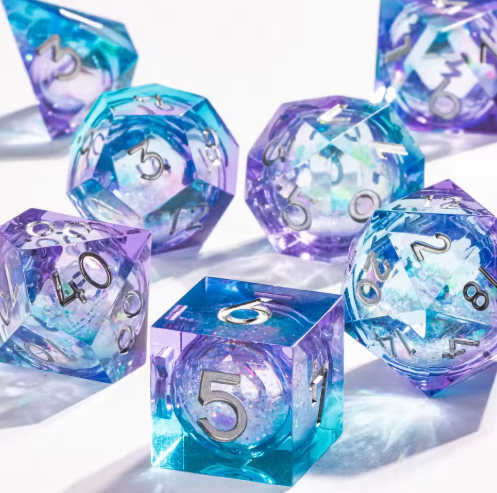 Set de dés JDR noyau liquide Teal-Violet Scintillant & Paillettes Holo Irisées