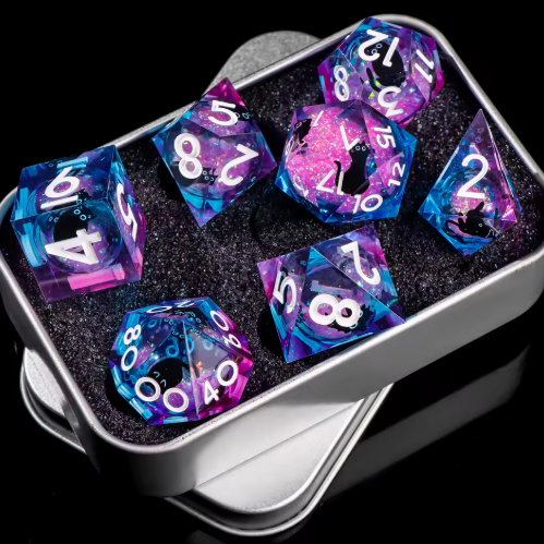 Set de dés JDR noyau liquide Violet/Bleu & Chat Noir Suspendu