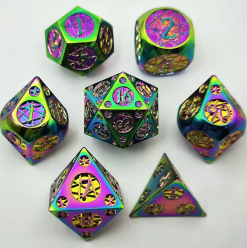 Set de dés JDR Métal Arc-En-Ciel & Chrome Brossé