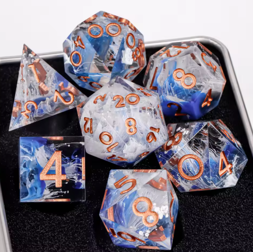 Set de dés JDR résine Nuages Bleus Blancs & Chiffres Cuivre Rose