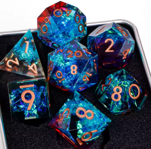 Set de dés JDR résine Bleu Océan & Paillettes Holo