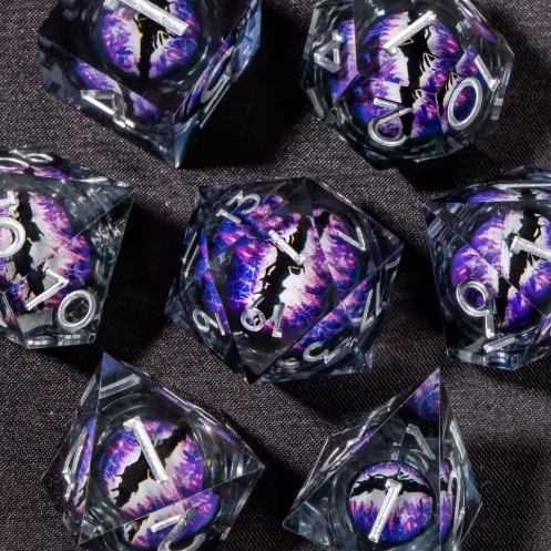 Set de dés JDR noyau liquide Violet Spectral & Œil de Dragon Mort-Vivant