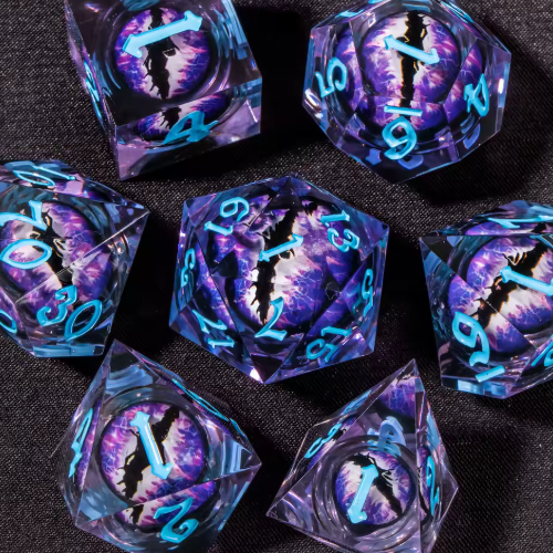 Set de dés JDR noyau liquide Bleu Violet & Œil de Dragon