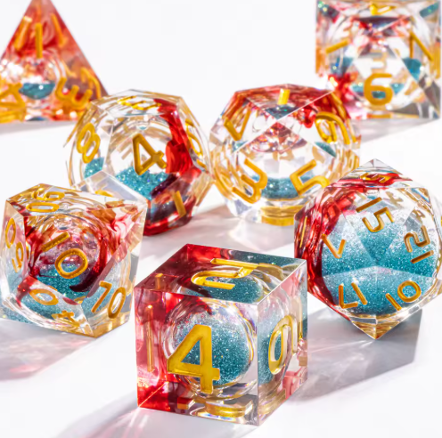 Set de dés JDR noyau liquide Rouge Feu & Bleu Galaxy Scintillant