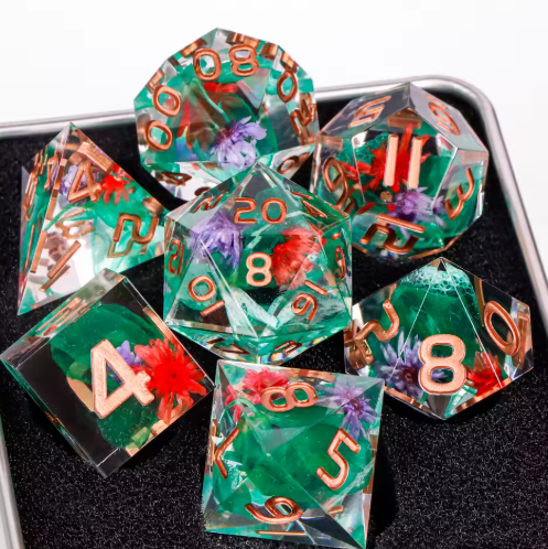 Set de dés JDR résine Fleurs Séchées Colorées & Résine Verte Émeraude